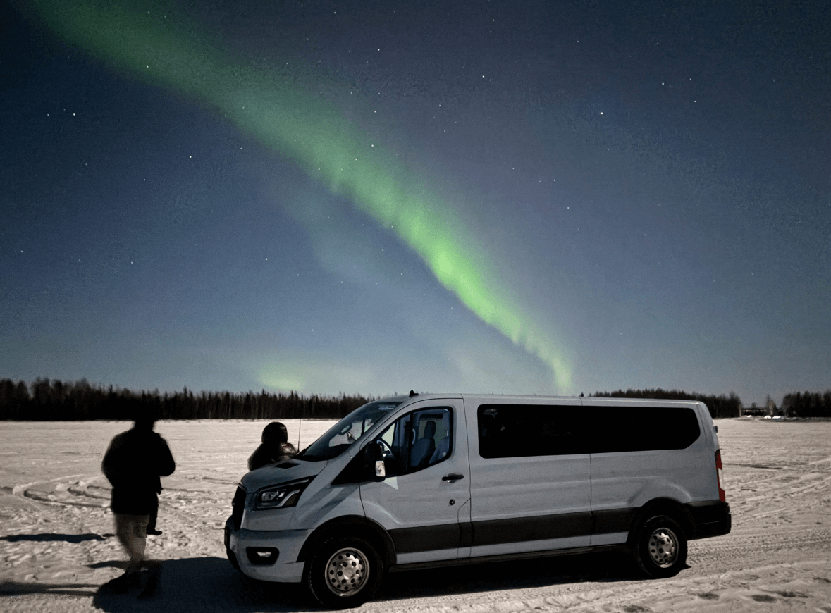 Chena Hot Springs Shuttle van during aurora tour Chena Hot Springs Shuttle van during aurora tour